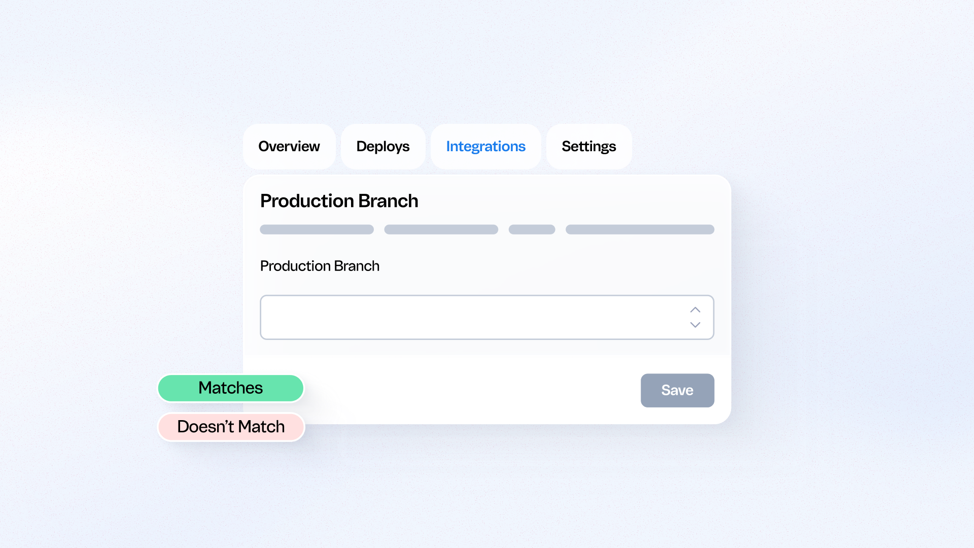 WebOps Integrations settings panel showing the Production Branch selector with Matches and Doesn't Match status indicators and a Save button.