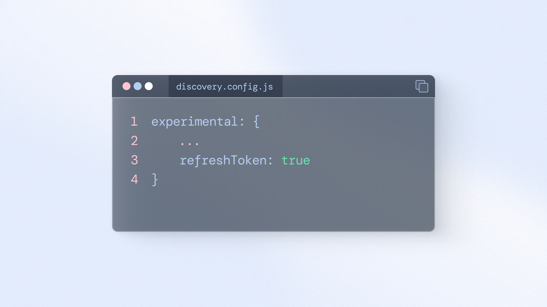 Code editor showing discovery.config.js with the experimental refreshToken flag set to true, enabling refresh token sessions in FastStore.