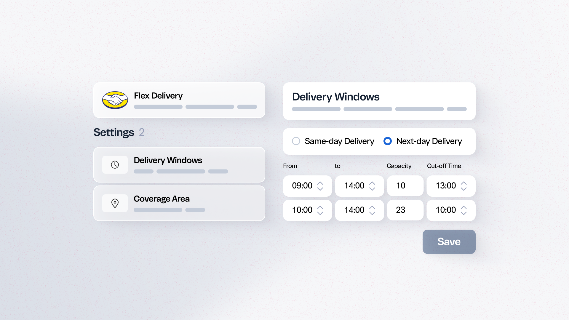 Mercado Livre Flex Delivery settings panel showing Delivery Windows configuration with Same-day and Next-day Delivery options, time slots, capacity and cut-off time fields.