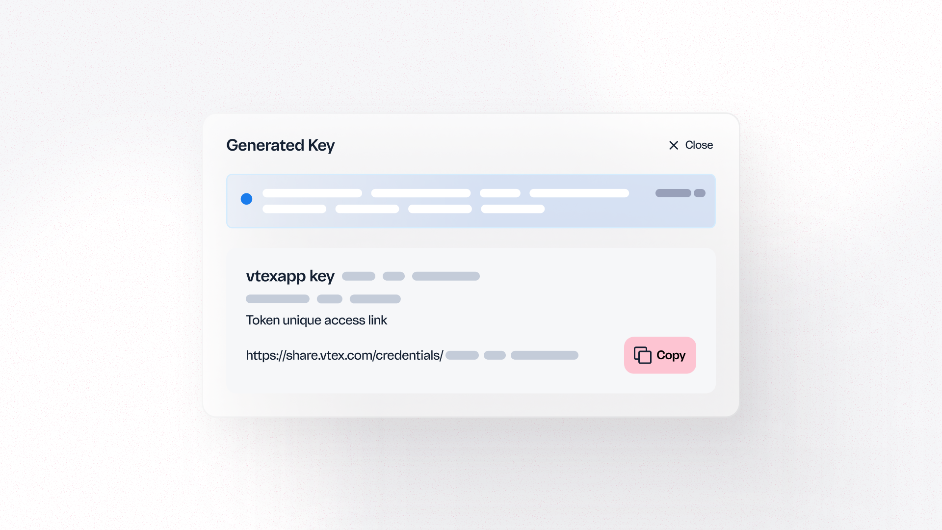 Screenshot of the Token Sharing interface showing a generated one-time link for secure credential distribution.