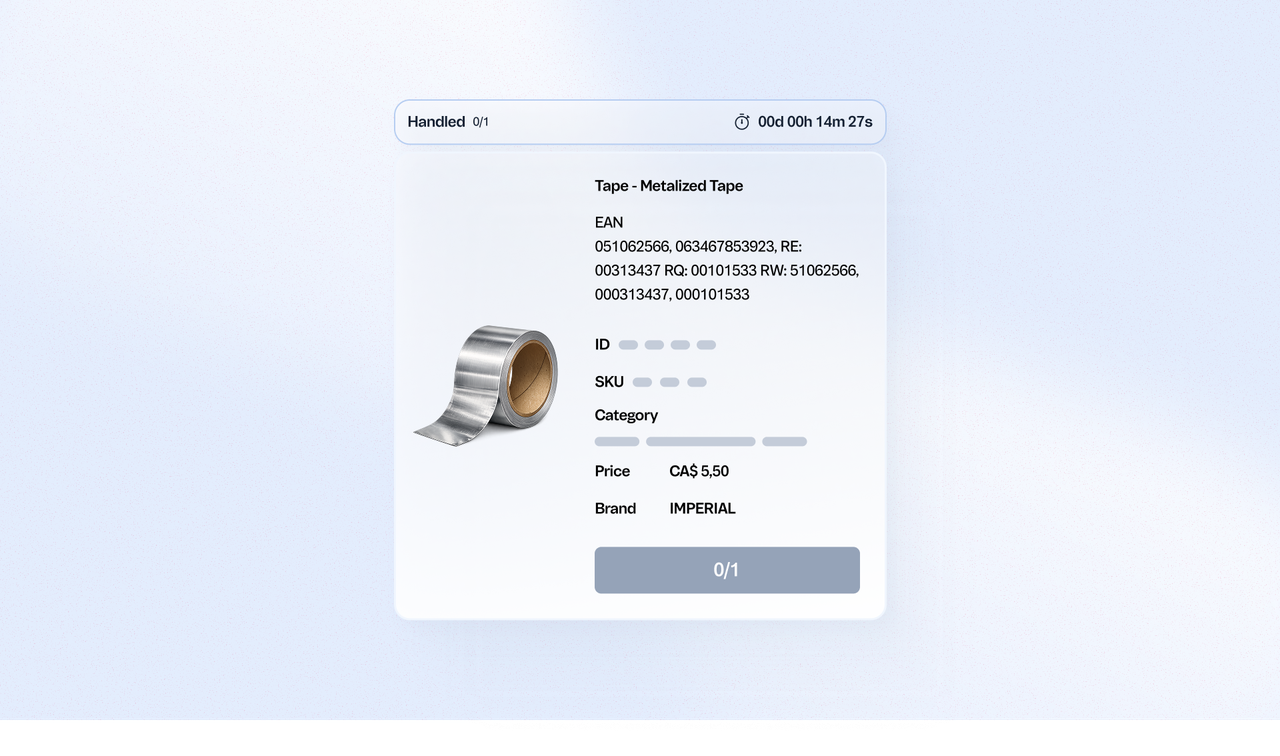 Pick and Pack item detail screen showing a Tape - Metalized Tape product with EAN codes, ID, SKU, Category, Price (CA$ 5.50) and Brand (IMPERIAL) fields, with a Handled status timer.