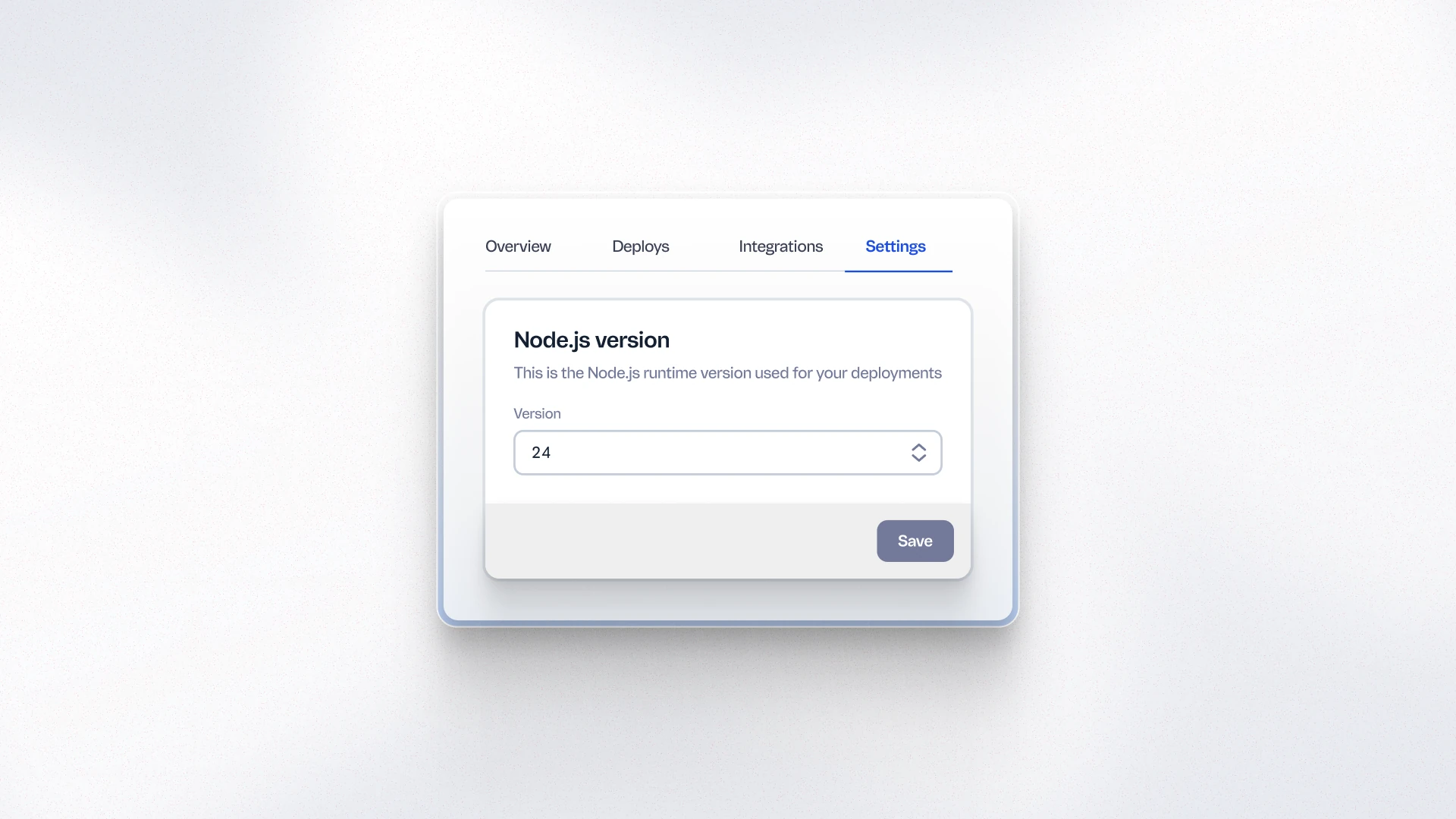 WebOps Settings panel showing Node.js version selector set to version 24 with a Save button.