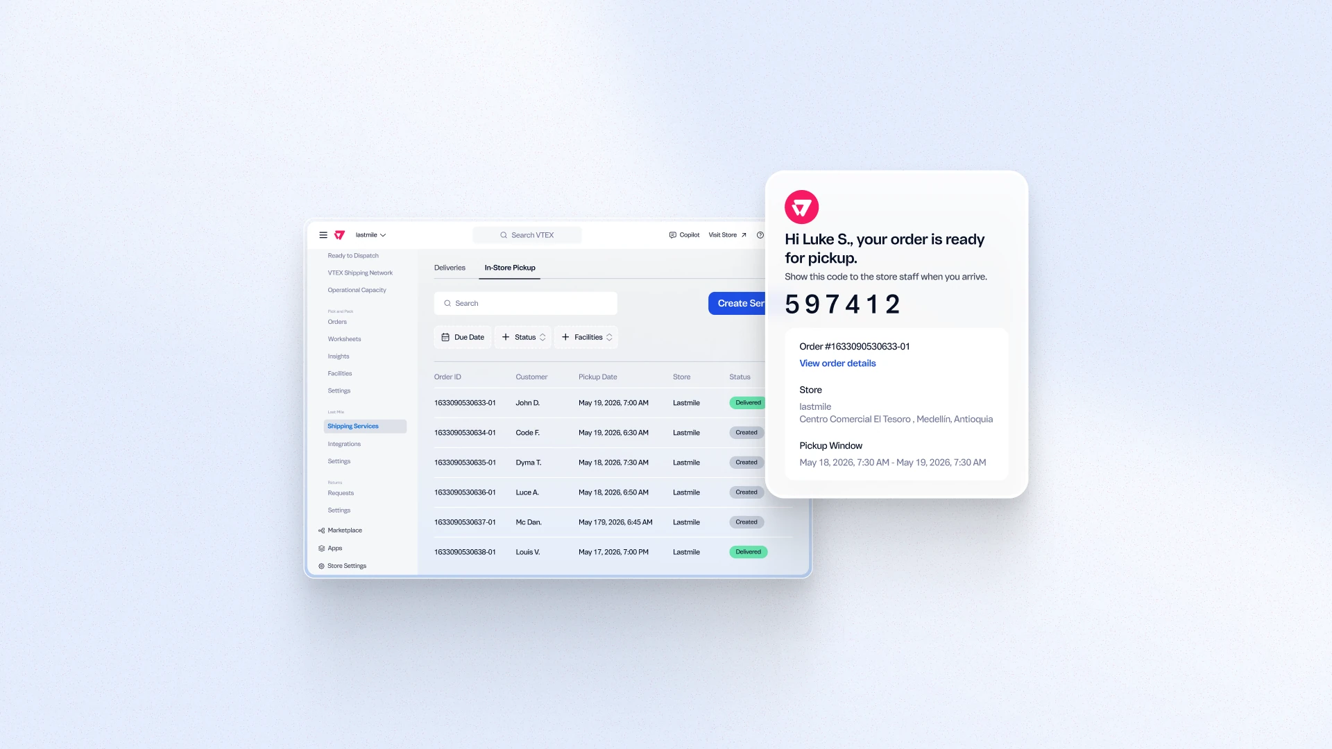 Pick and Pack in-store pickup flow showing order management interface with pickup status and location details.