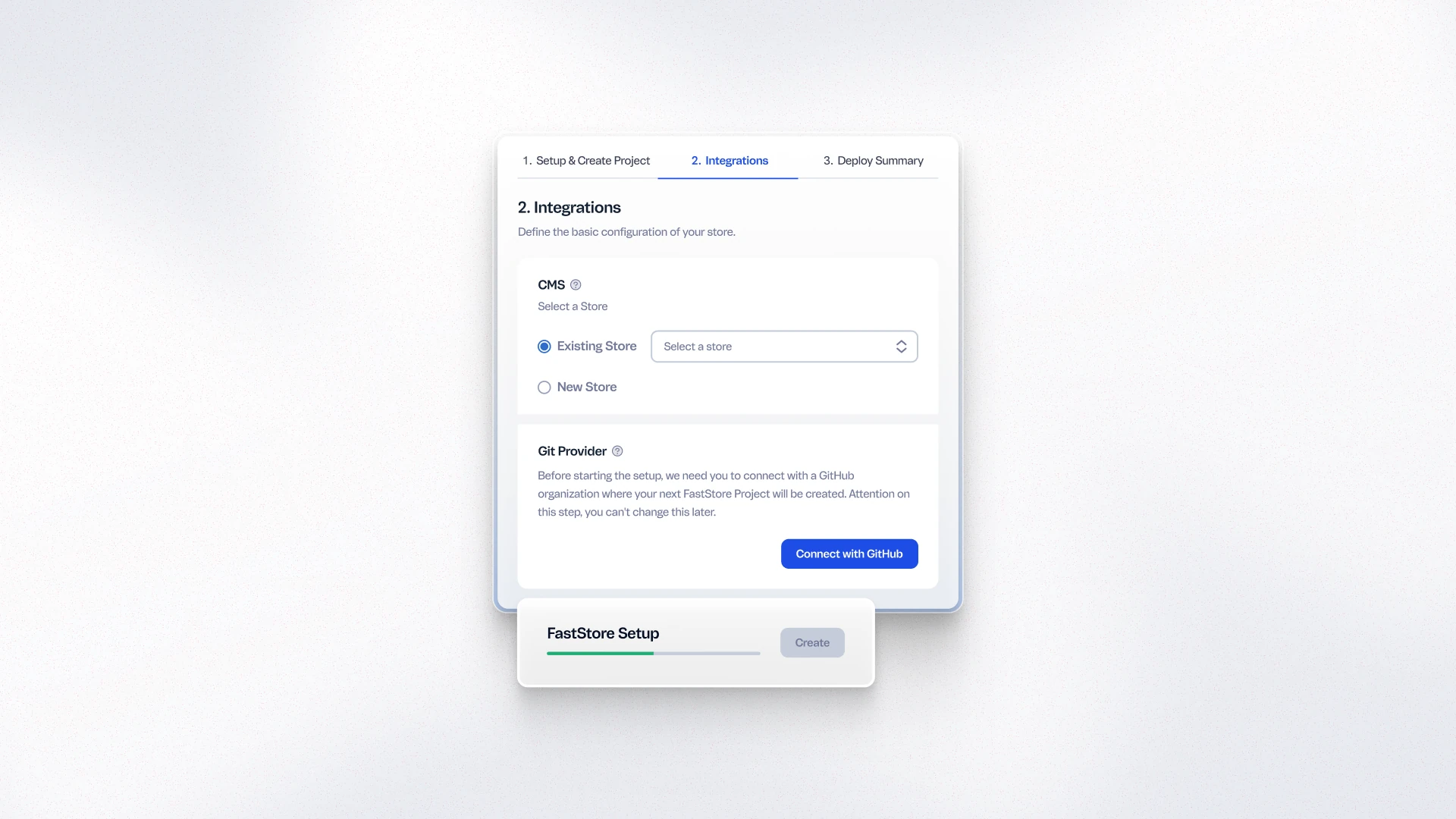 WebOps onboarding flow showing the Integrations step with CMS store selector and Git Provider connection panel.